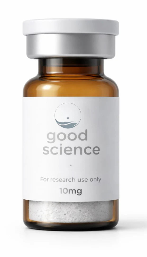 Amber glass bottle with white label on a white background, featuring 'good science' branding.