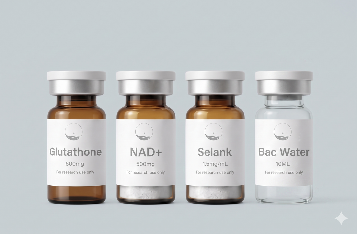 Four medical bottles with labels on a gray background
