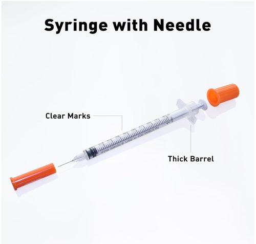 Syringe with needle labeled 'Clear Marks' and 'Thick Barrel' on a white background
