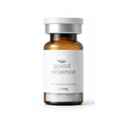 Vial labeled 'good science' with a white background