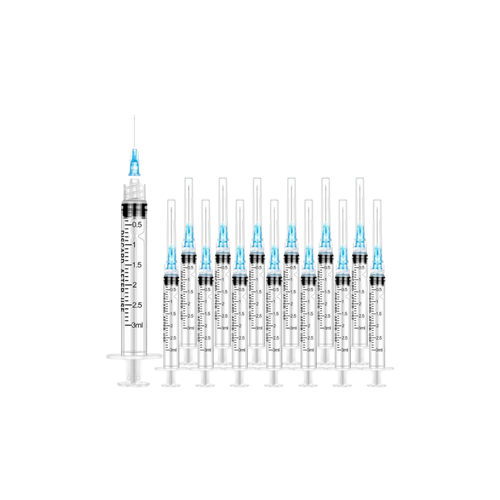 Multiple medical syringes with blue needles on a white background