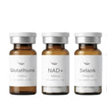 Three brown bottles labeled 'Glutathione', 'NAD+', and 'Selank' on a white background.