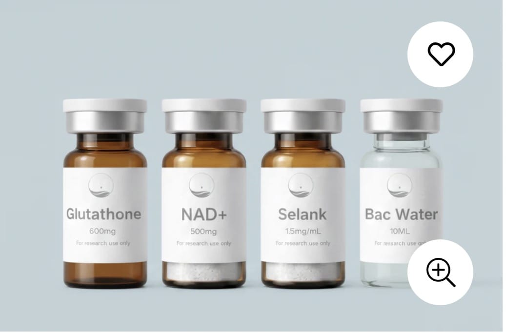 Four vials labeled Glutathione, NAD+, Selank, and Bac Water on a light gray background.