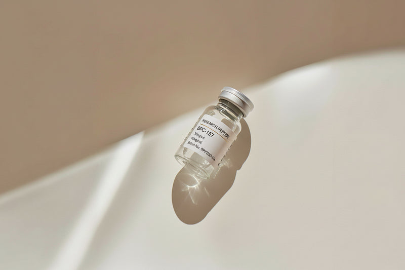Vaccine vial on a beige surface with a soft focus background